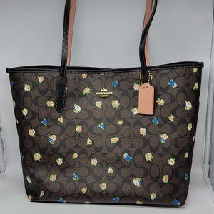 Coach City Tote Signature Canvas Vintage Mini Rose Print C7274 Brown Black Multi